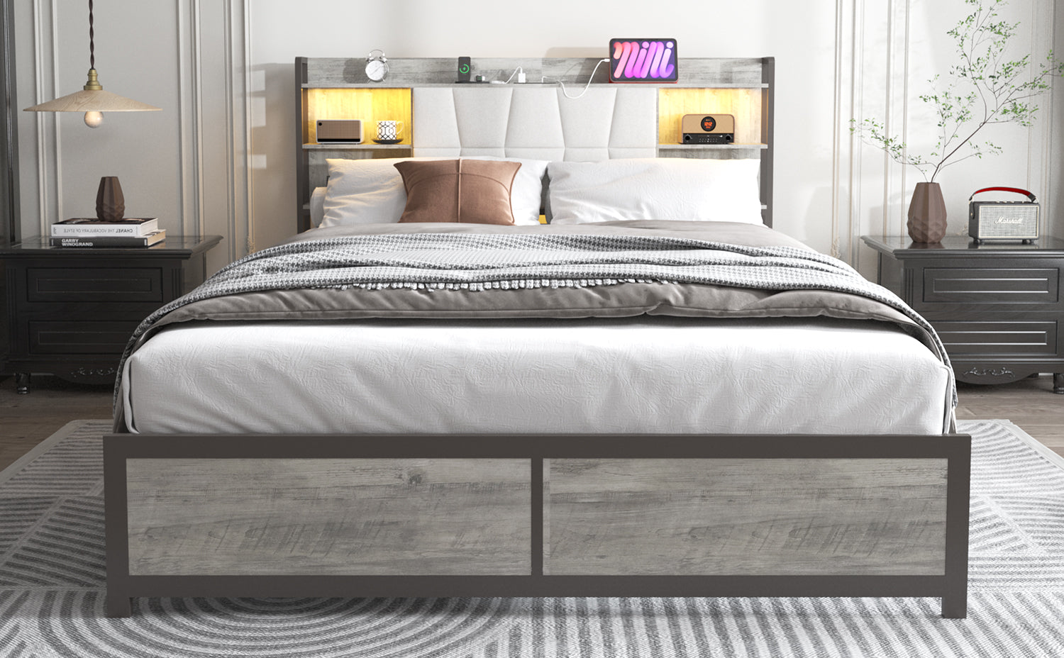 King Size Bed Frame With Led Light & Power Outlet, Platform Bed With Upholstered Headboard And Storage, Sturdy Metal Slats Support, No Box Spring Needed, Easy Assembly, Noise Free Box Spring Not Required King Dark Oak Metal Bedroom Modern Bed Frame Mdf