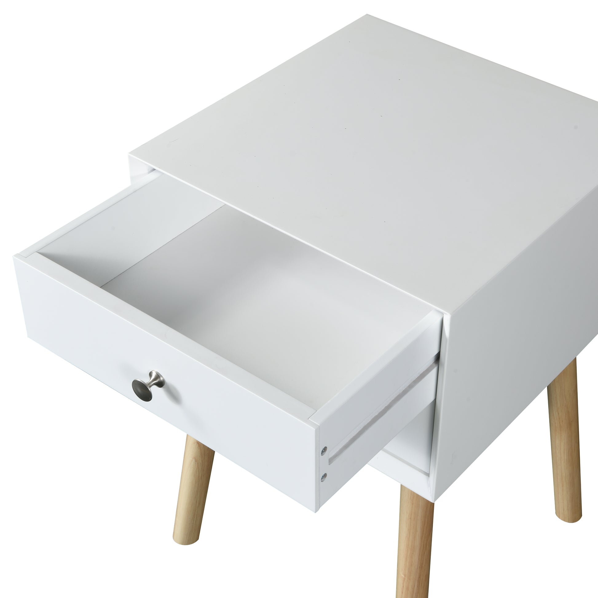 Side Table,Bedside Table With 2 Drawers And Rubber Wood Legs, Mid Century Modern Storage Cabinet For Bedroom Living Room, White White Mdf