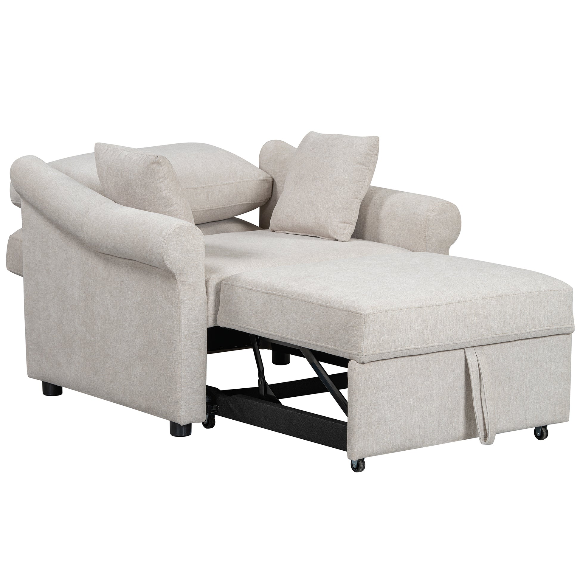 Chenille Convertible Sleeper Chair With Adjustable Backrest, 3 In 1 Lounger Chair Turns Into Bed, Single Bed For Living Room, Beige Beige Chenille