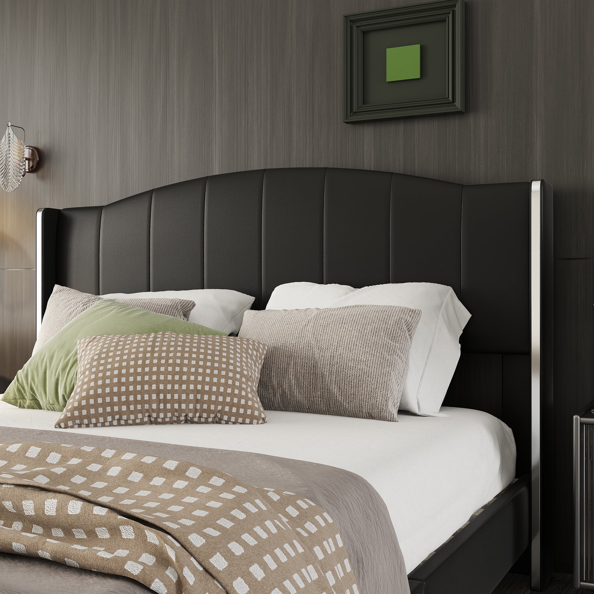 Queen Size Pu Leather Upholstered Platform Bed, Headboard With Wingback And Metal Bar Accents, No Box Spring Required, Black Queen Black Pu