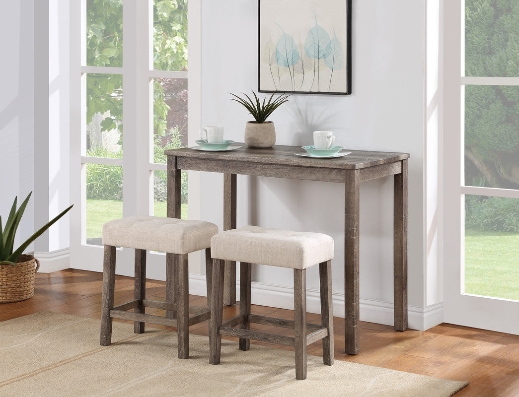 Lux Brown 3 Piece Counter Height 36" Pub Table Set With Tufted Creamy White Linen Stools Brown Linen