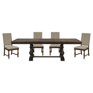 Traditional 5Pc Dining Set Table With Extension Leaf And 4 Side Chairs Beige Fabric Upholstered Trim Brown Classic Dining Room Furniture Wood Wood Brown Mix Seats 4 Wood Dining Room Self Storing Leaf Extendable Traditional Trestle Rectangular Dining