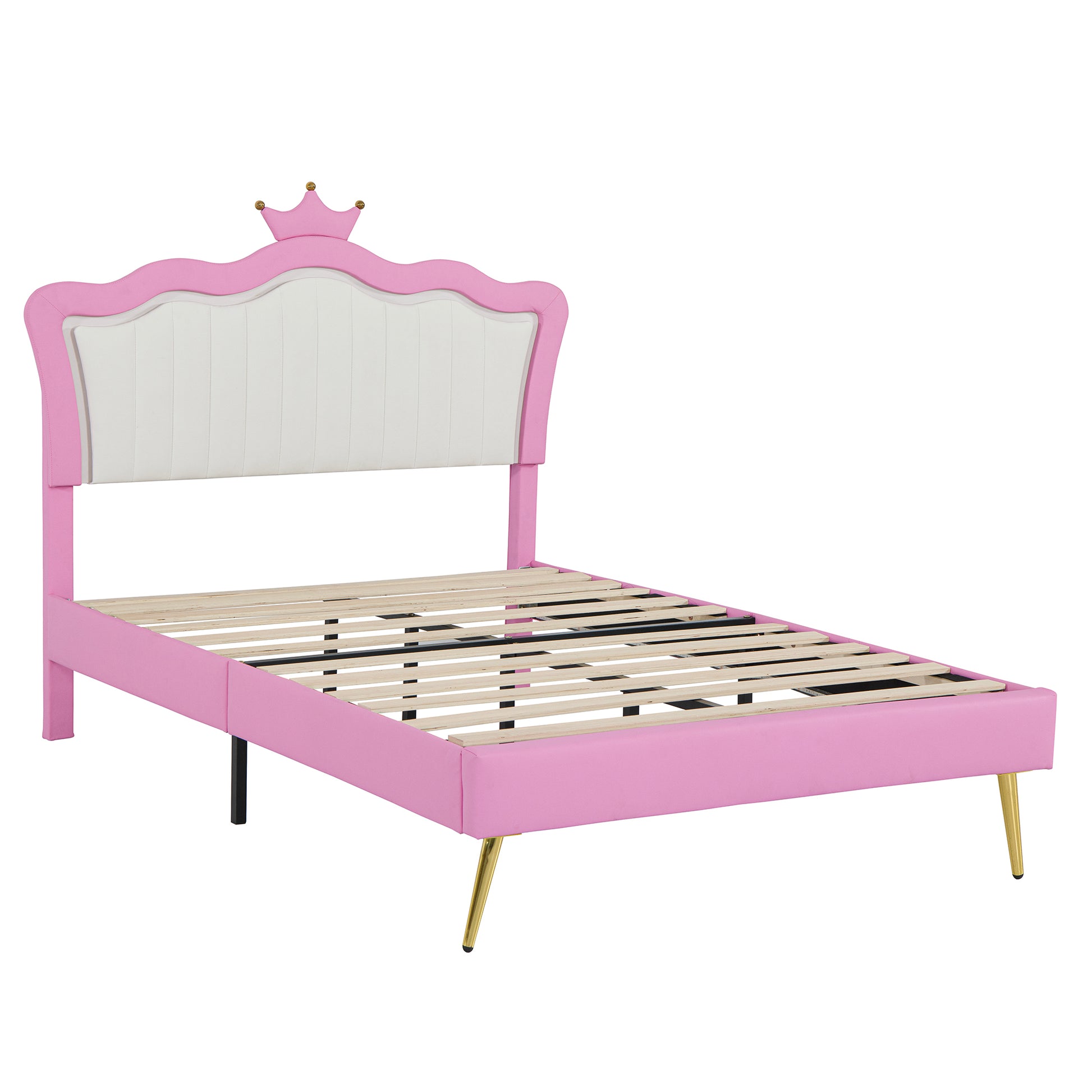 Full Size Upholstered Bed Frame With Led Lights, Modern Upholstered Princess Bed With Crown Headboard, Pink White Box Spring Not Required Full Pink White Wood Bedroom Modern Bed Frame Pu