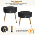19.6'' Easy Assembly End Tables With High Gloss Faux Marble Tabletops, Set Of 2, Modern Fluted 2 Side Tables With Drawers, Round Coffee Tables With Golden Legs For Living Room, Black Black Gold Primary Living Space Drawers Round Mdf Iron
