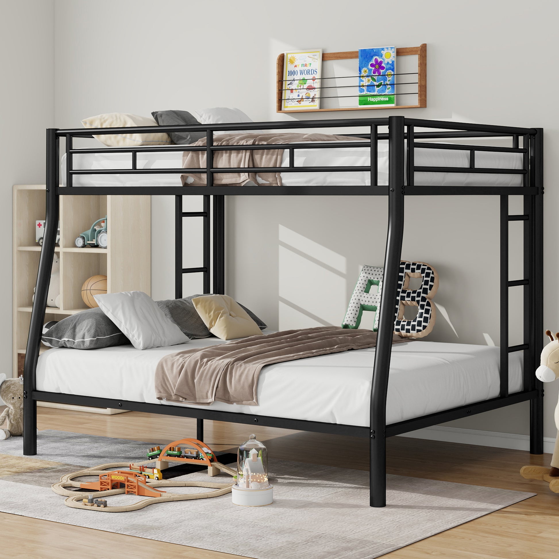 Full Xl Over Queen Metal Bunk Bed With Ladder And Guardrails, Black Box Spring Not Required Full Xl Black Metal Metal