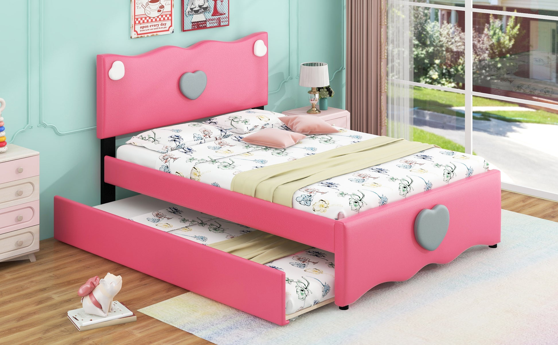 Full Size Upholstered Platform Bed With Trundle And Heart Shaped Decoration, Dark Pink Box Spring Not Required Full Dark Pink Wood Bedroom Bed Frame Faux Leather Upholstered