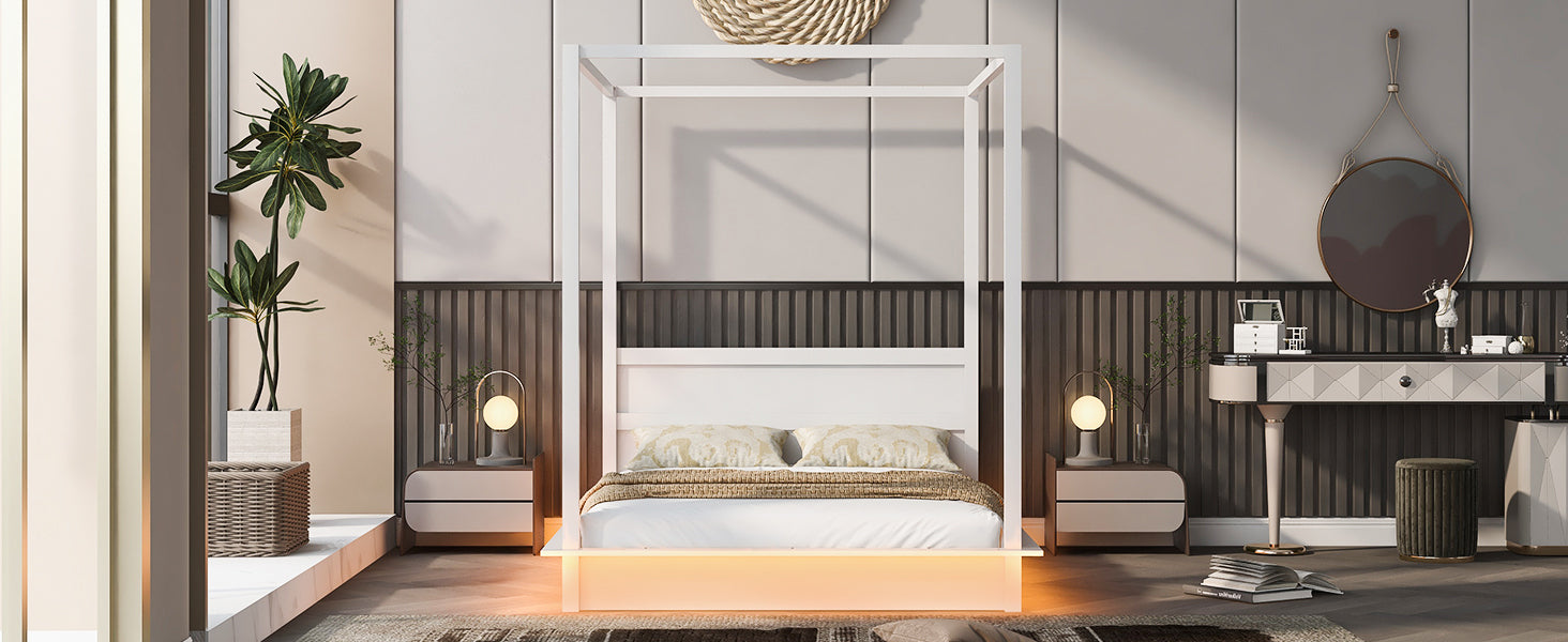 Queen Size Wood Led Canopy Bed ,Canopy Platform Bed With Support Slats, No Box Spring Needed, White Queen White Plywood