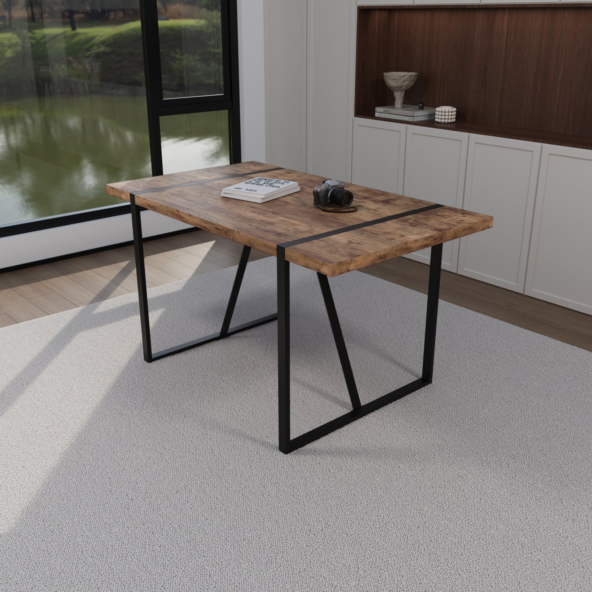 55" Mdf Dark Wood Dining Table And Modern Dining Chair 4 Piece Set, Medieval Wooden Kitchen Dining Table Set, Rectangular Metal Base, Dining Table And Suede Chair Brown Grey Mdf