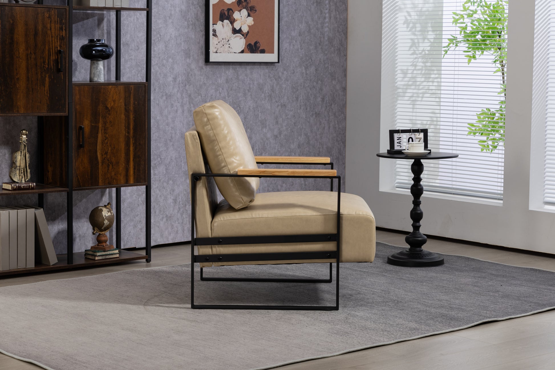 Leather Accent Chair Guest Chair For Living Room, Mid Century Armchair For Bedroom Khaki Pu