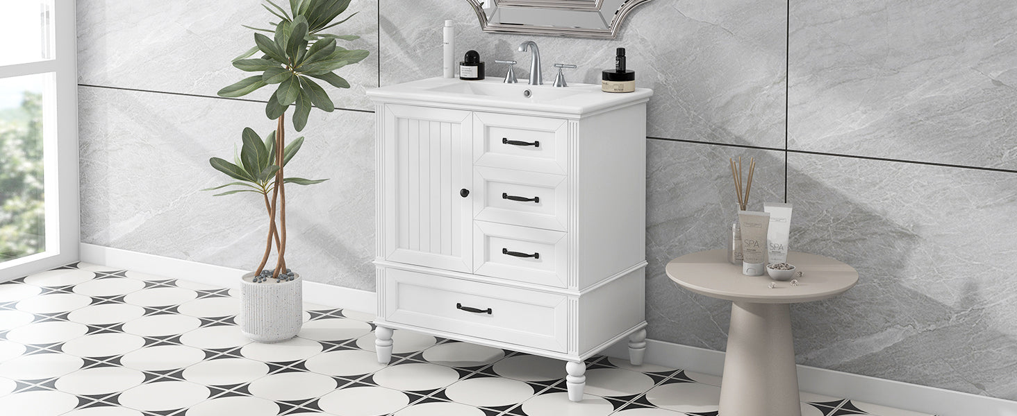 30" Bathroom Vanity With Sink, Bathroom Cabinet With A Door, Three Drawers, Solid Wood Legs & Mdf Board, Adiustable Foot Pads, White White Mdf