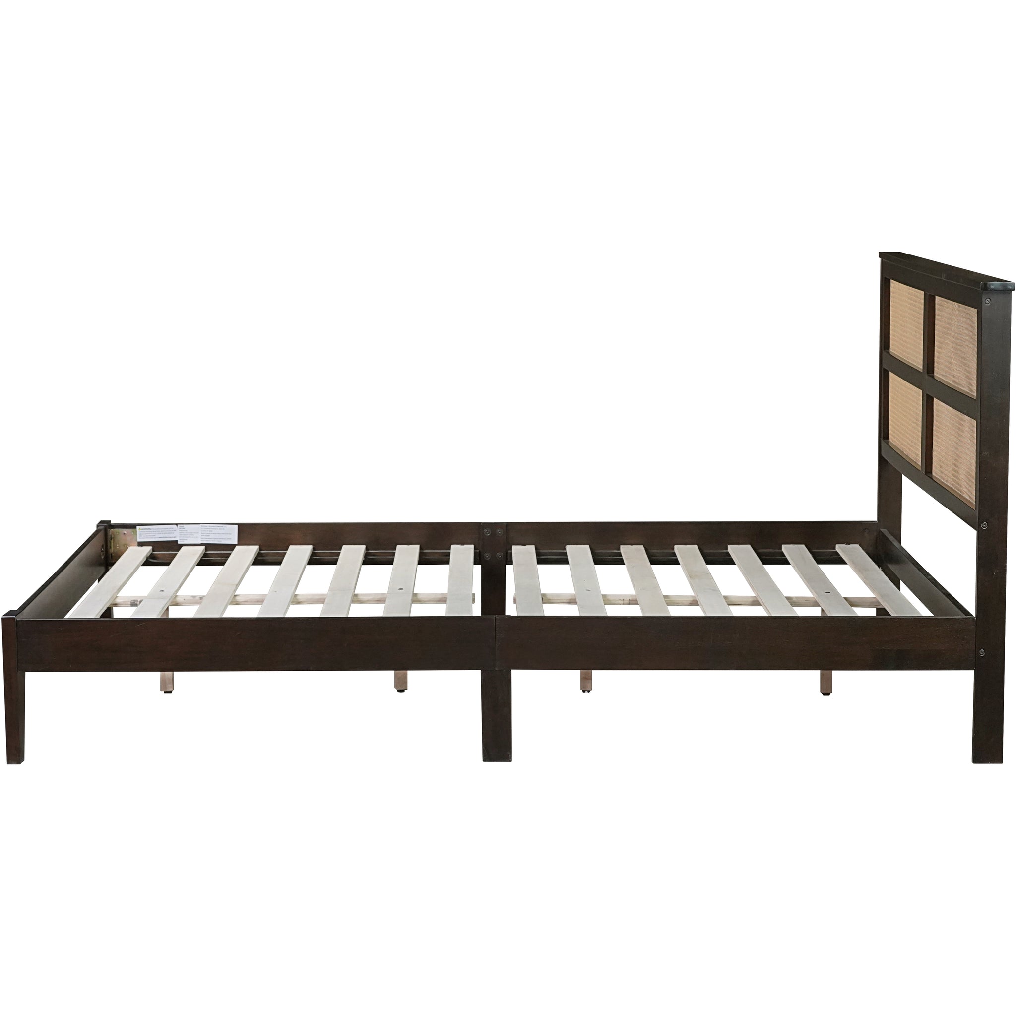 Queen Size Rubber Wooden, Solid Wooden Bed With Rattan Headboard, Enhanced By Support Feet,Espresso Queen Espresso Rubber Wood