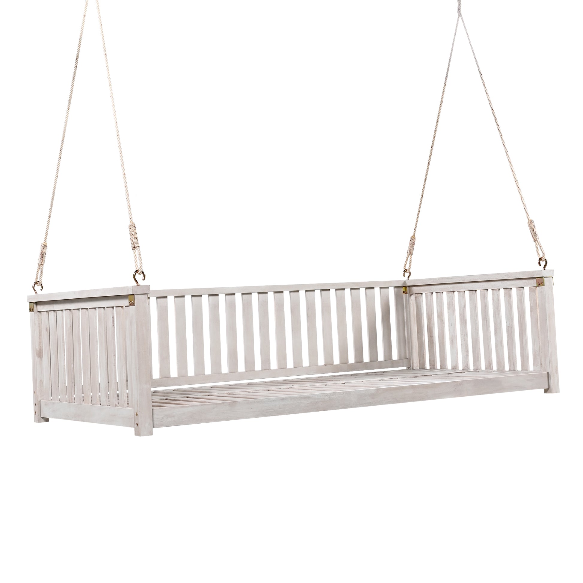 Patio Minimalist Twin Size Garden Swing Bed Wood Porch Swing With Ropes For Backyard, Safe Sloped Design, White White Weather Resistant Frame Garden & Outdoor Minimalist 2 Person Seating Group
