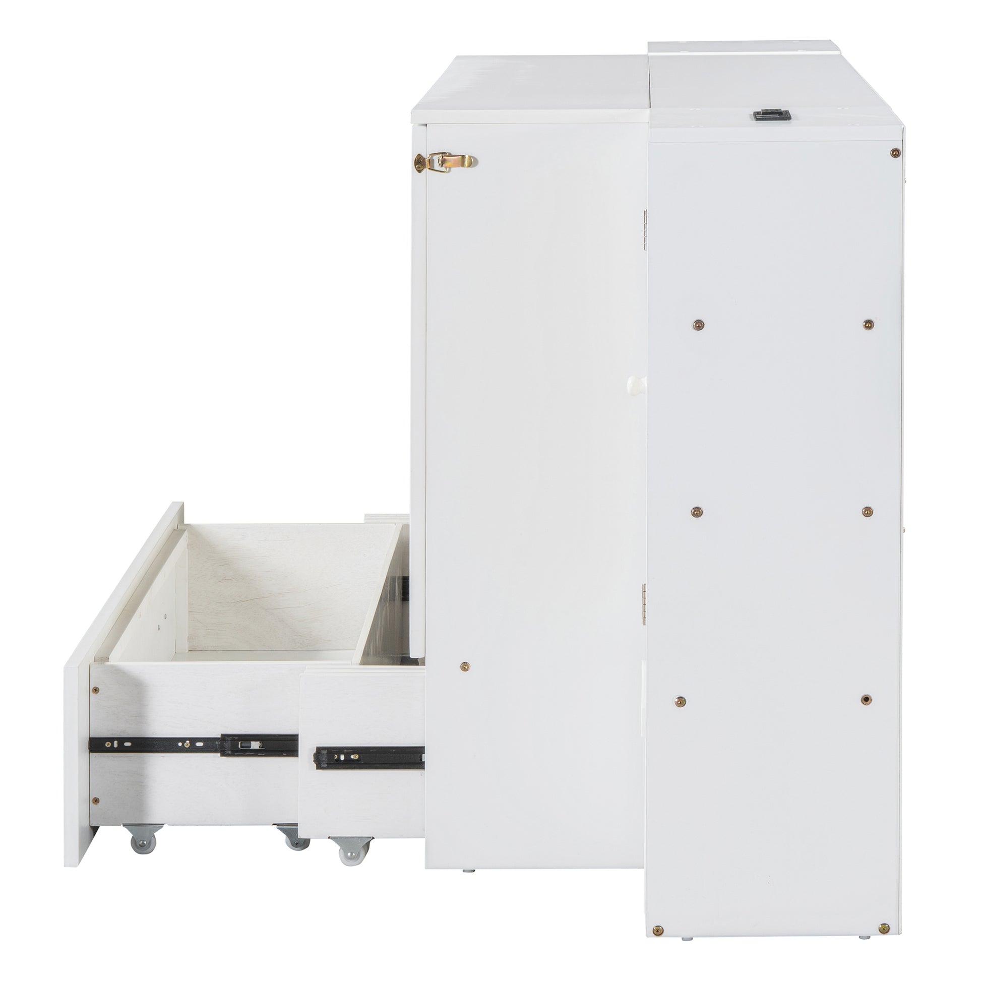 Queen Size Murphy Bed Wall Bed With Drawer And Rattan Decoration With 2 Storage Cabinets, One Set Of Sockets & Usb Ports, Pulley Structure Design, White Queen White Plywood