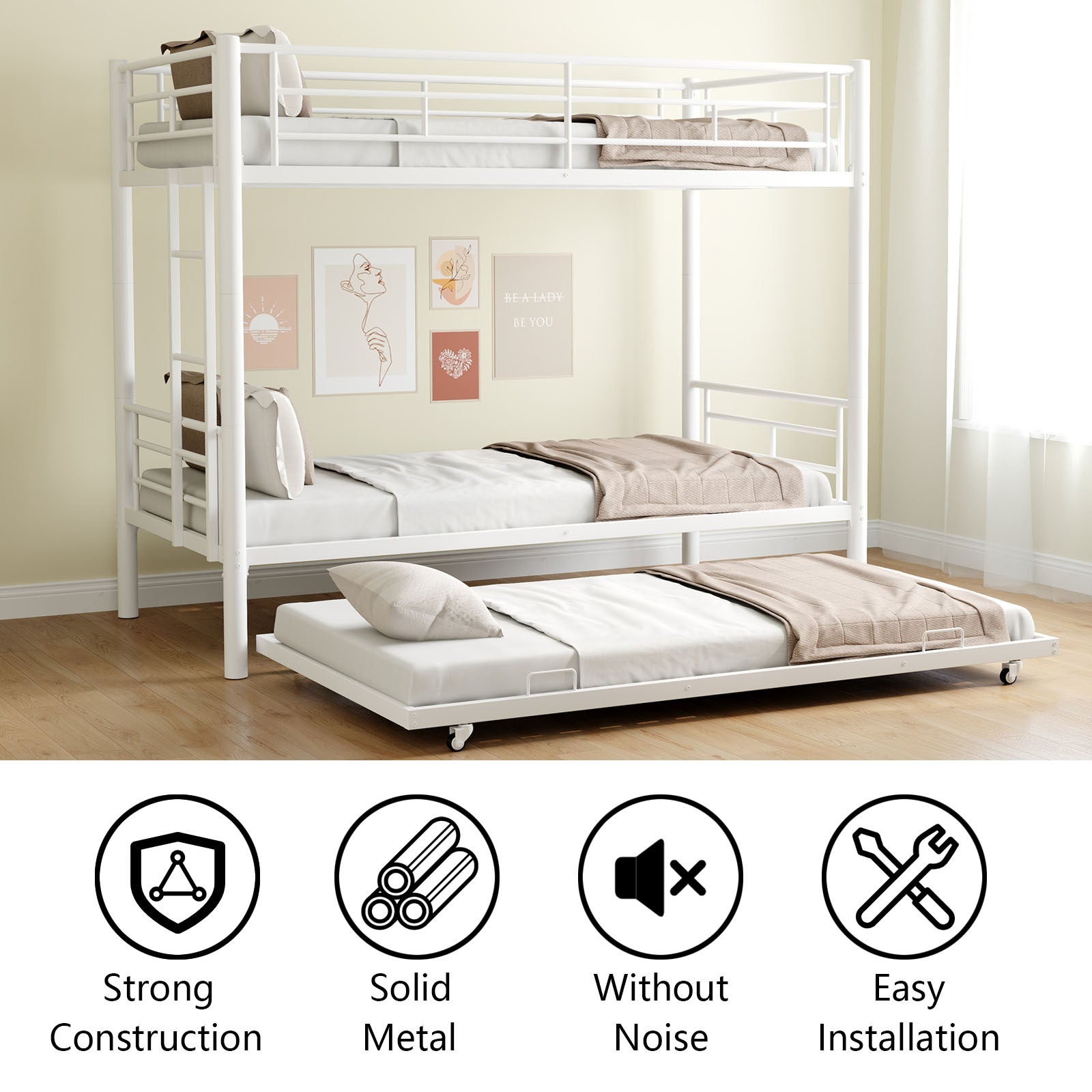 Heavy Duty Sturdy Meta Twin Over Twin With Trundle Bunk Bed L Noise Reduced Safety Guardrail No Box Spring Needed,White Box Spring Not Required Twin White Metal
