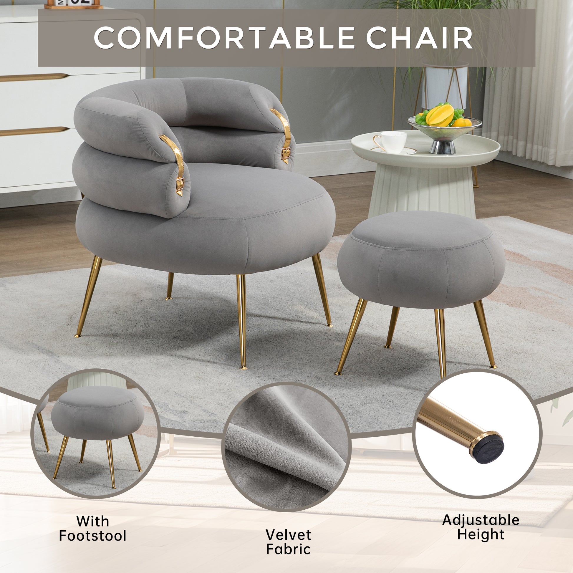 Coolmore Upholstered Velvet Barrel Accent Chair With Ottoman,Accent Comfy Lounge Arm Chair And Folding Footrest Stool Set,Single Sofa Armchair With Lounge Seat For Bedroom,Office Gray Gray Foam Velvet