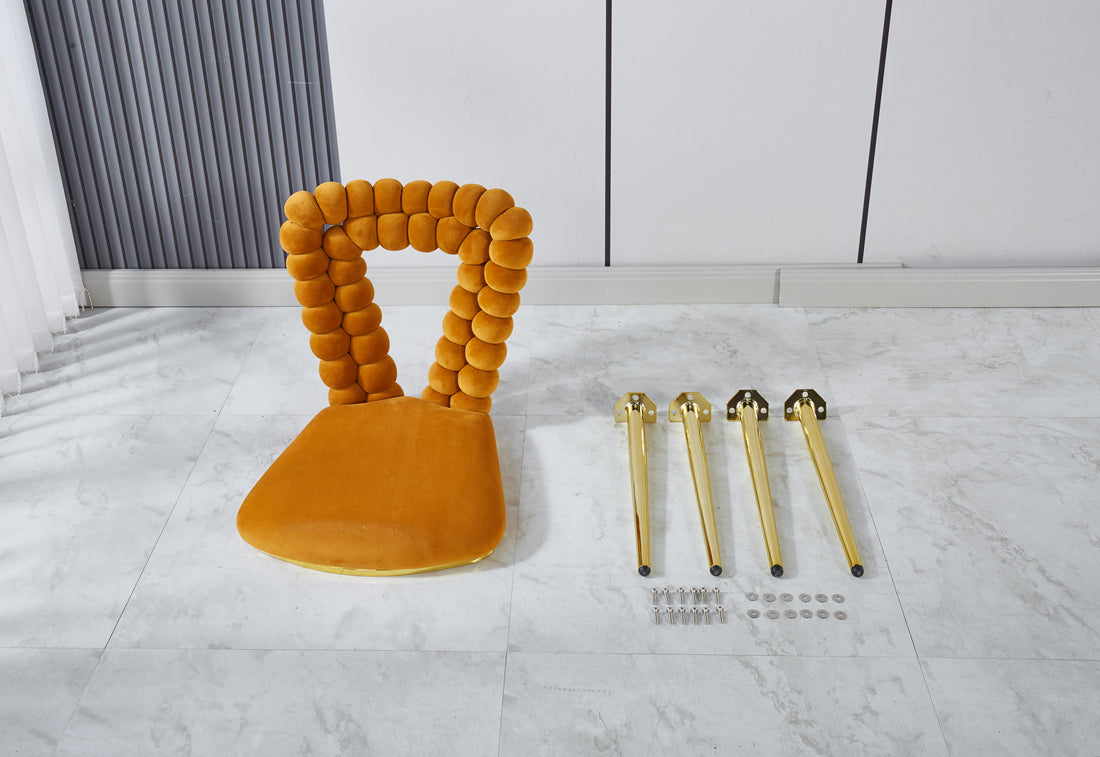 Orange And Gold Modern Chair Set Of 2 With Iron Tube Legs, Soft Cushions And Comfortable Backrest, Suitable For Dining Room, Living Room, Cafe,Hairball Back Orange Fabric