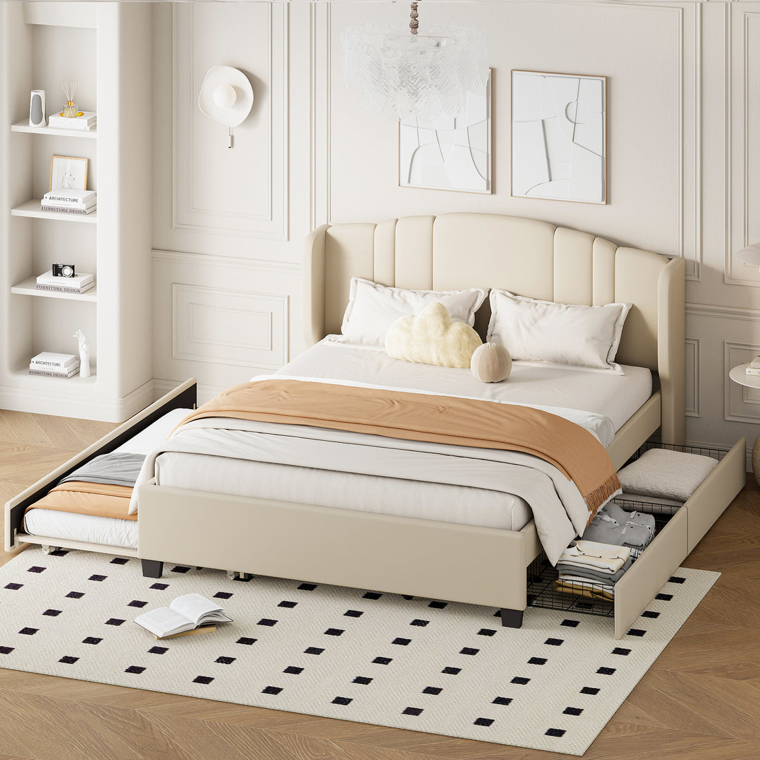 Upholstered Platform Bed With Wingback Headboard, One Twin Trundle And 2 Drawers, No Box Spring Needed, Linen Fabric, Queen Size, Beige Beige Linen