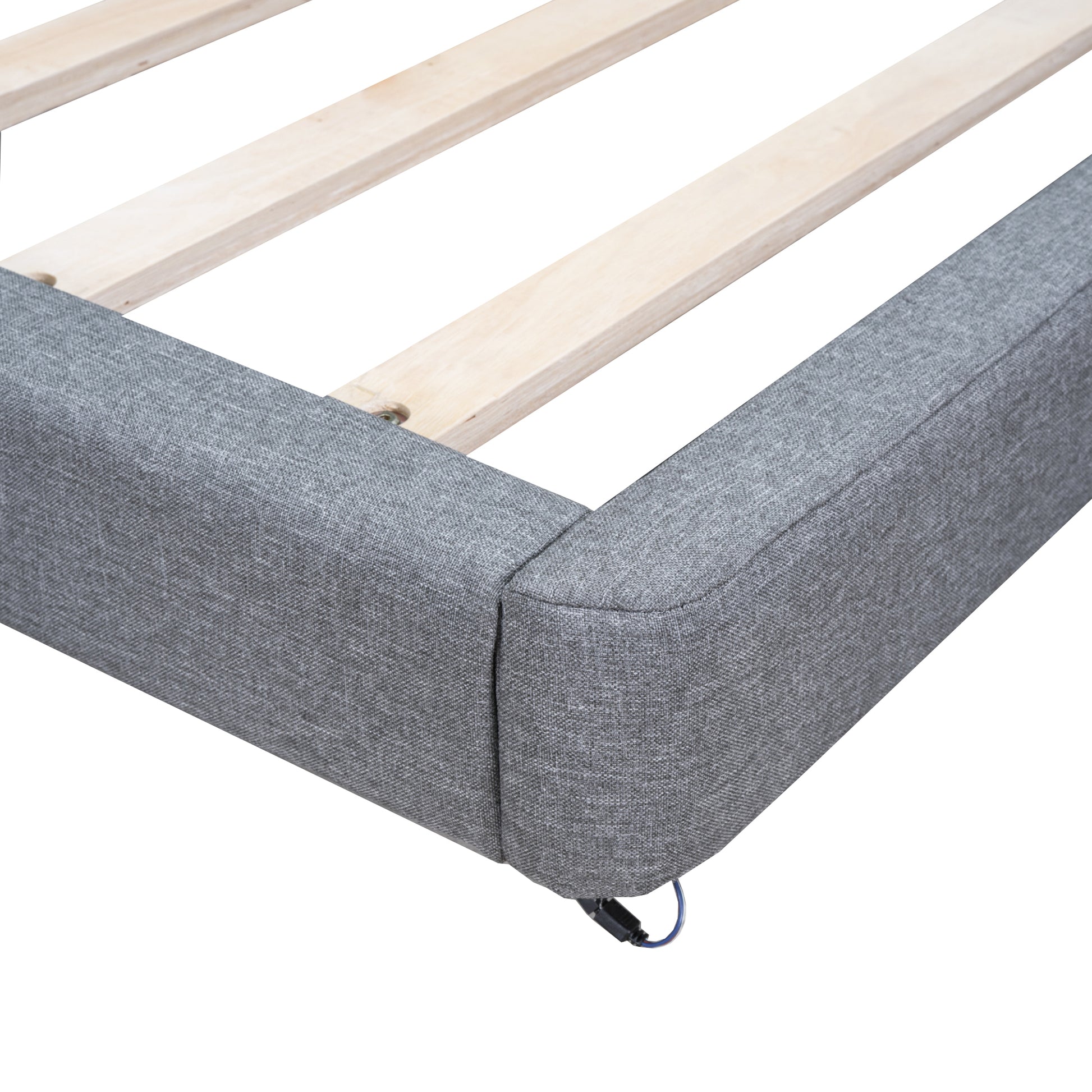 Full Size Upholstered Platform Bed With Led Lights,Usb Ports And Outlets,Linen Fabric,Gray Full Gray Wood Metal