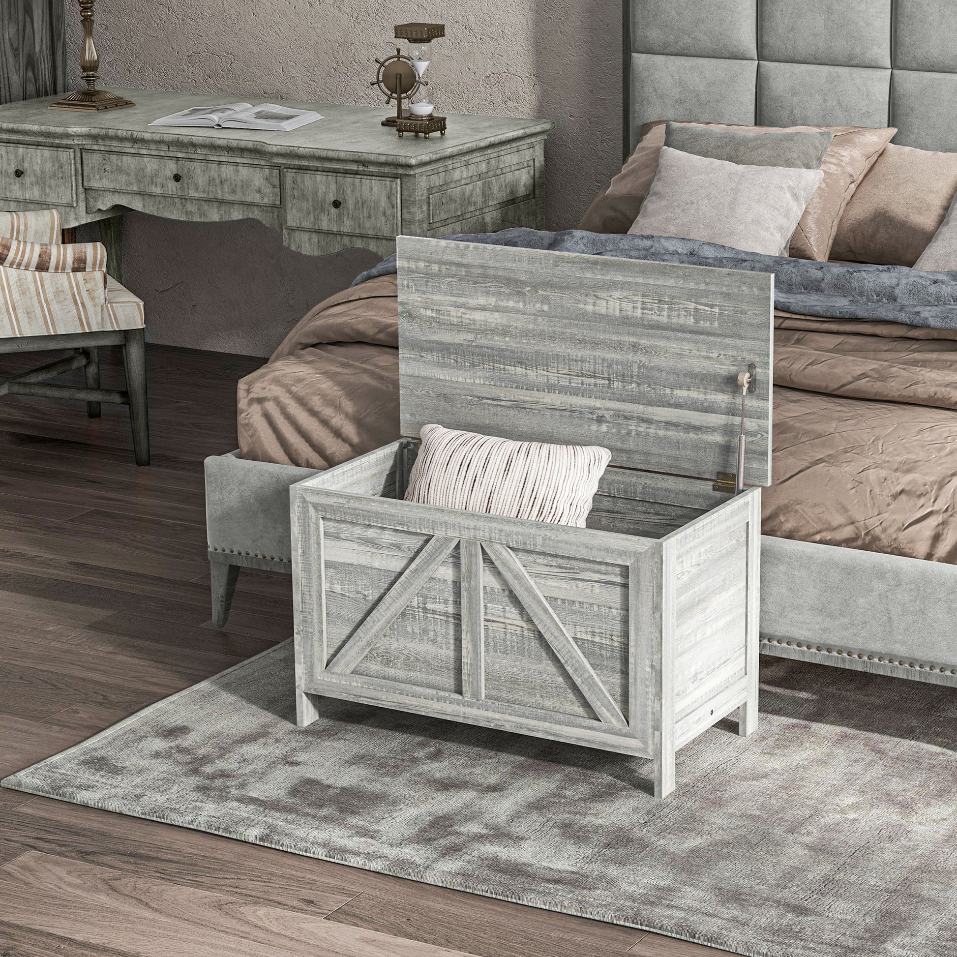 Homcom 30" Farmhouse Storage Chest, Lift Top Box Organizer With Safety Hinge To Open Up 100 For Bedroom, Entryway, Living Room, Gray Wood Grain Light Gray Particle Board