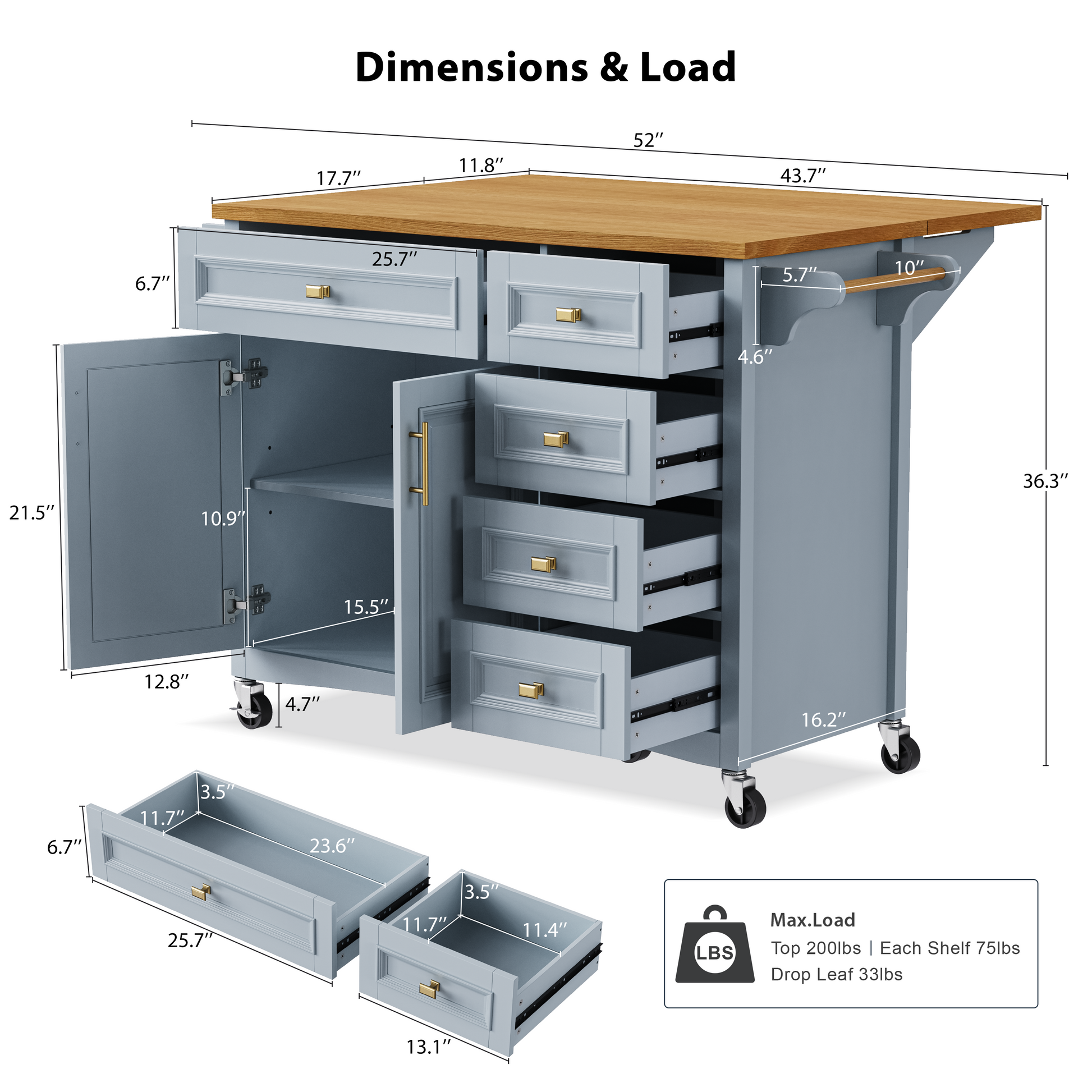K&K 52'' Kitchen Island With Drop Leaf, Embossed Texture Kitchen Island On Wheels With Spice Rack, Towel Rack, 2 Doors And 5 Drawers, Kitchen Storage Cart With Adjustable Shelf For Kitchen, Blue