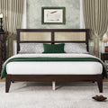 Queen Size Rubber Wooden, Solid Wooden Bed With Rattan Headboard, Enhanced By Support Feet,Espresso Queen Espresso Rubber Wood