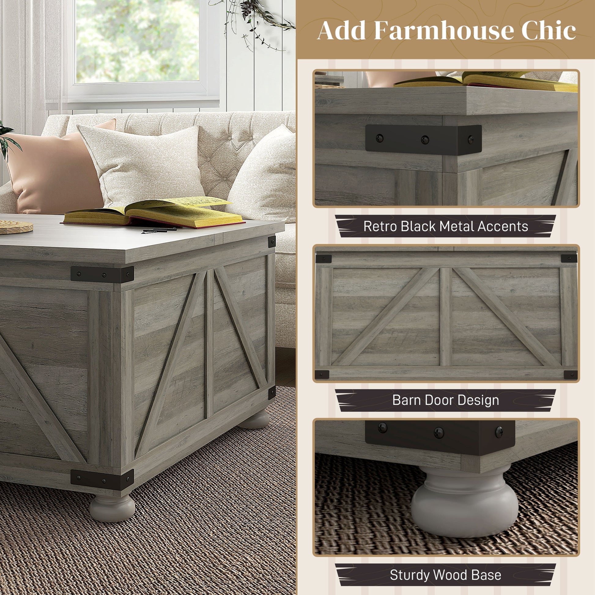 Homcom Farmhouse Coffee Table, Square Coffee Table With Storage For Living Room, Center Table With Hinged Flip Lift Top And Hidden Space, Distressed Gray Gray Particle Board
