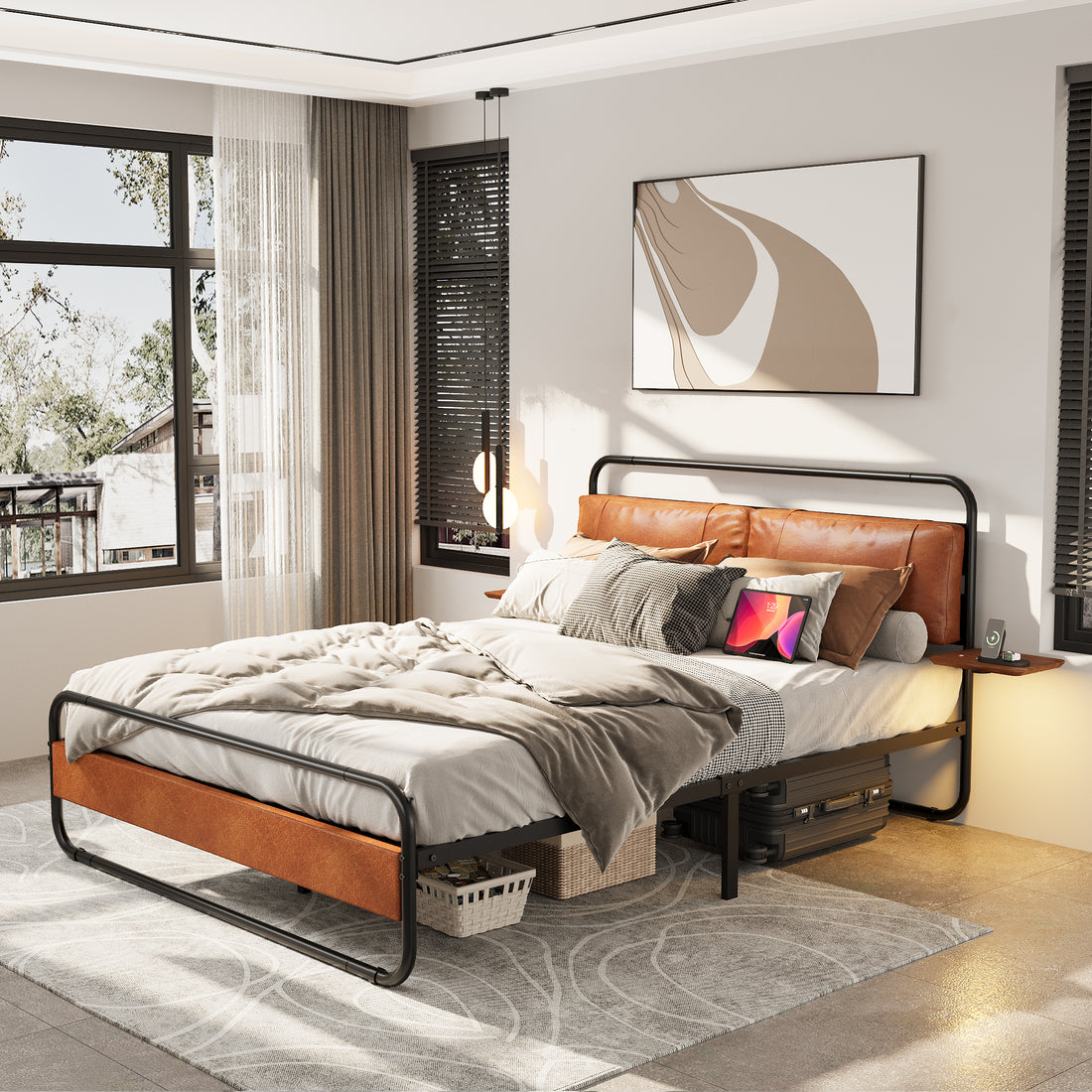Queen Size Metal Bed Frame With Upholstered Headboard, With Wireless Charging And Usb A & Usb C, Touch Led Light,Oval Shaped Platform Bed With Under Bed Storage, No Box Spring Needed, Vintage Brown Box Spring Not Required Queen Antique Brown Metal