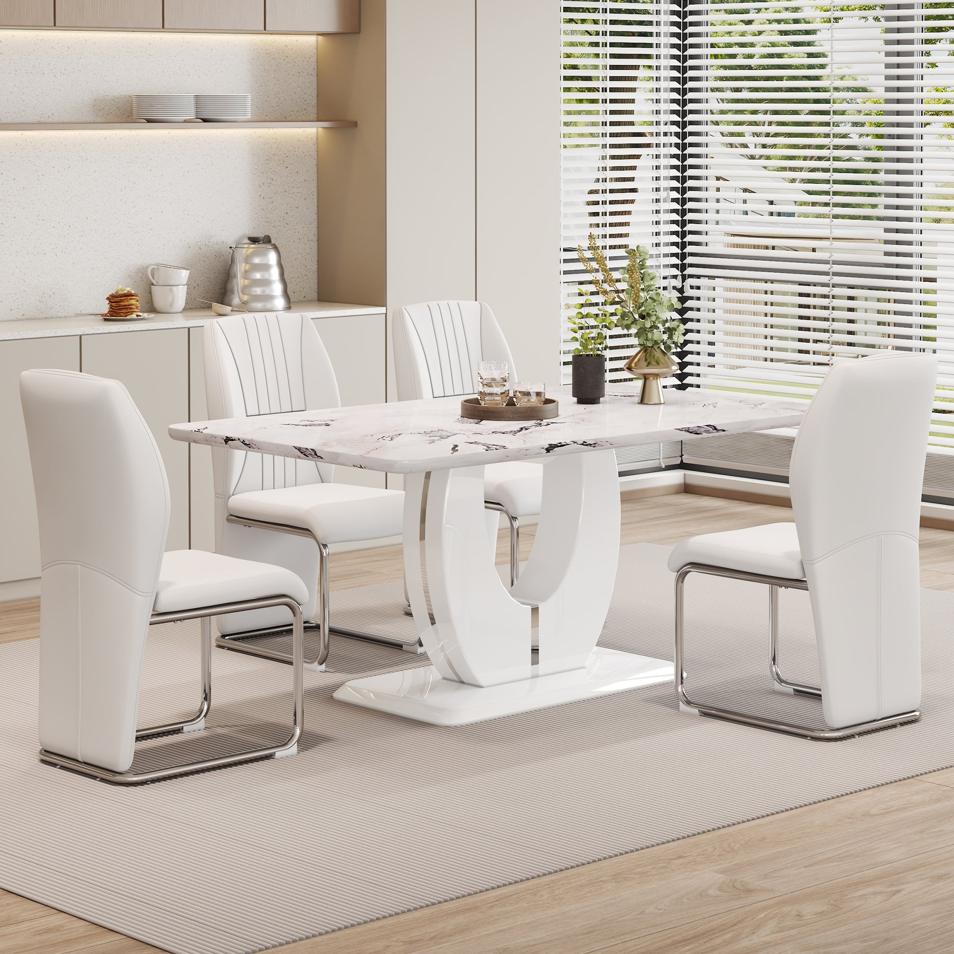 Table And Chair Set, Modern Luxurious White Imitation Marble Pattern Mdf Dining Table,Rectangular Dining Table, Matched With Uniquely Shaped Pu High Backrest Seats,Suitable For Various Occasions. White Seats 4 Mdf