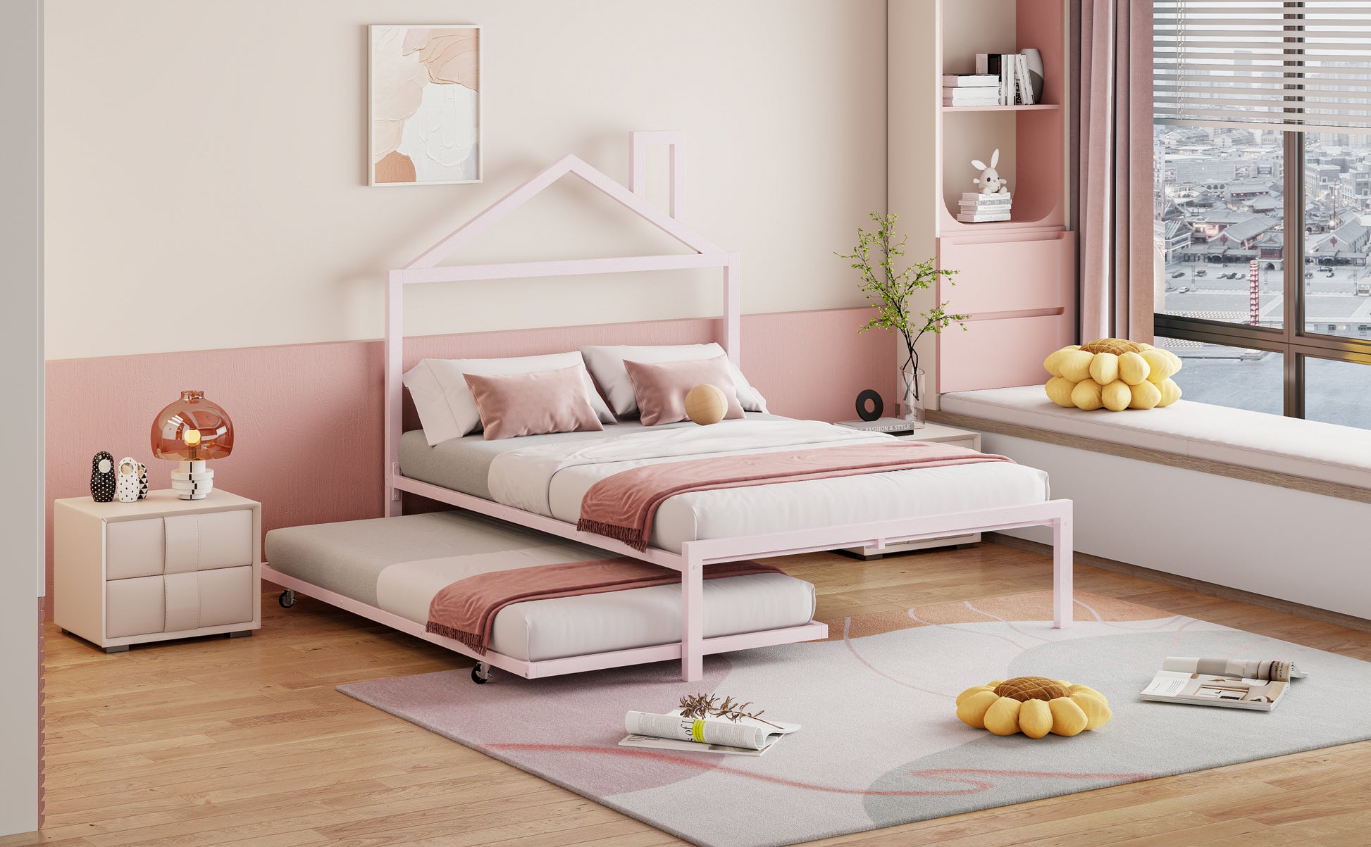 Full Size Metal Platform Bed With Twin Size Trundle,House Shaped Headboard Design, Pink Full Pink Metal