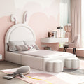 Twin Size Upholstered Rabbit Shape Bed With 2 Storage Stools, Velvet Platform Bed With Cartoon Ears Shaped Headboard, White Twin White Wood