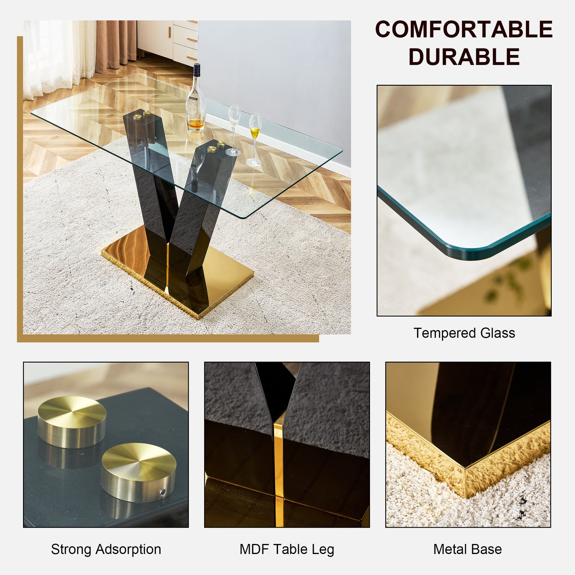 Table And Chair Set. A Rectangular Glass Dining Table With A 0.4 Inch Tempered Glass Tabletop And Mdf Board V Shaped Bracket, Paired With 2 Chairs Consisting Of Pu Seat Cushions And Silver Metal Legs. White Black Seats 2 Tempered Glass