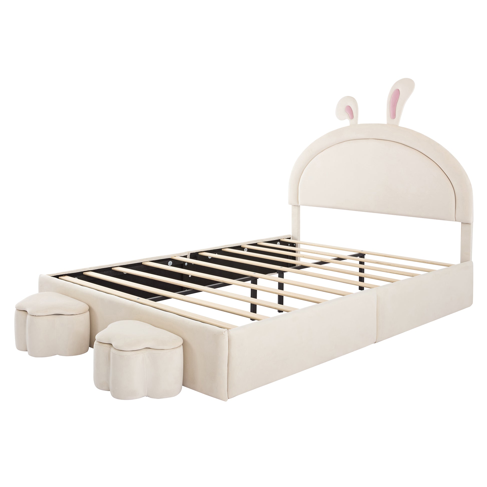 Full Size Upholstered Rabbit Shape Bed With 2 Storage Stools, Velvet Platform Bed With Cartoon Ears Shaped Headboard, White Full White Wood