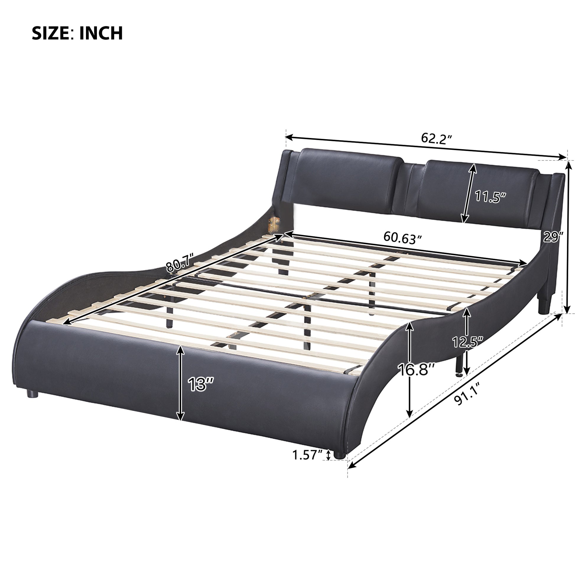Queen Size Upholstered Faux Leather Platform Bed With Led Light Bed Frame With Slatted Black Queen Black Solid Wood