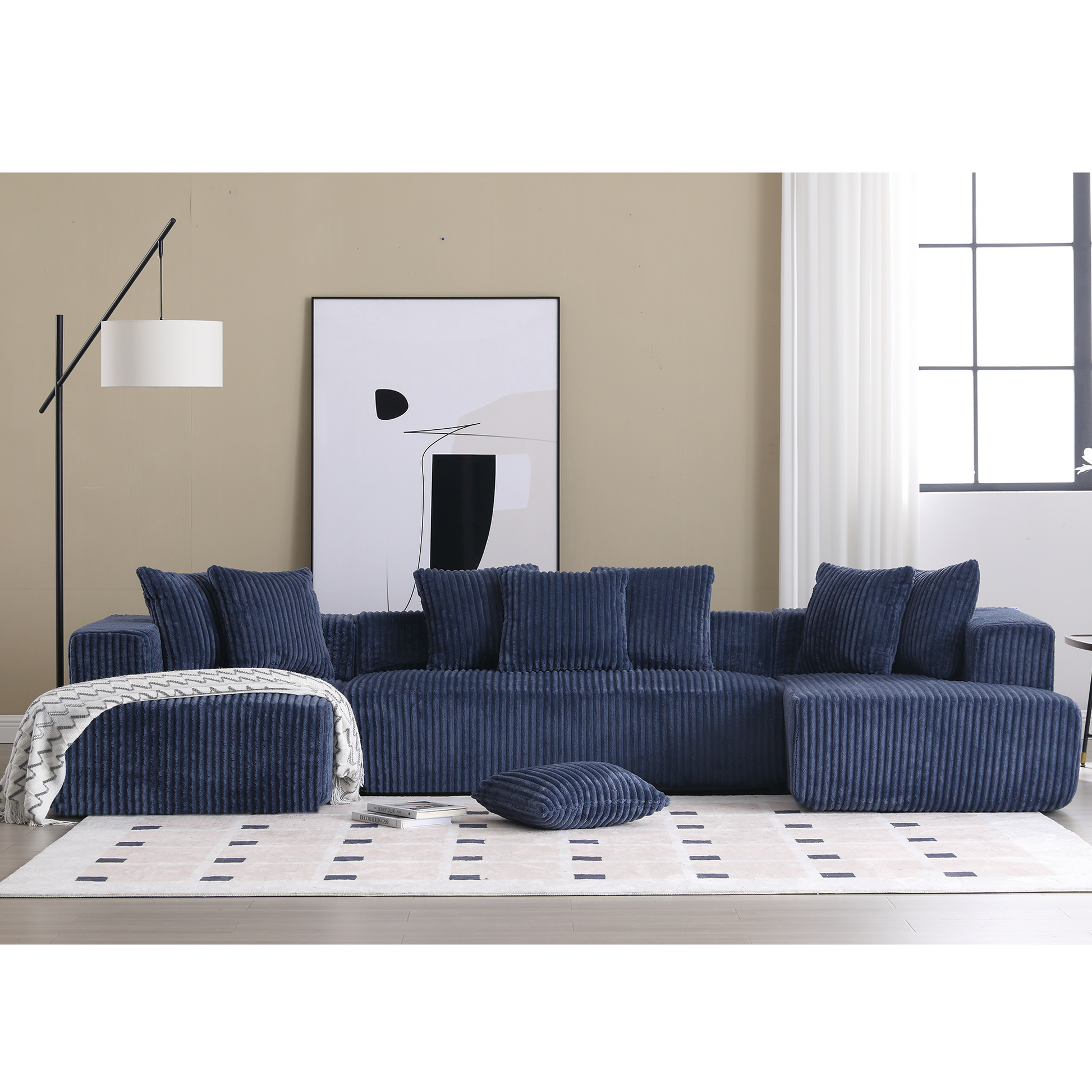 Arrived 131'' Modular Sectional Couch, U Shaped Sofachaise Lounge, Striped Fabric,Upholstered 4 Seater Couch For Living Room, Bedroom, Free Combination Sofa Corduroy , Blue Blue Polyester Primary Living Space Soft Modern Square Arms Foam Upholstered 4