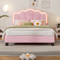 Full Size Upholstered Flower Shape Bed, Elegant Flowers Headboard With Led Light Strip ,Sherpa Fabric Platform Bed With Wooden Slats Support, Pink Full Pink Wood