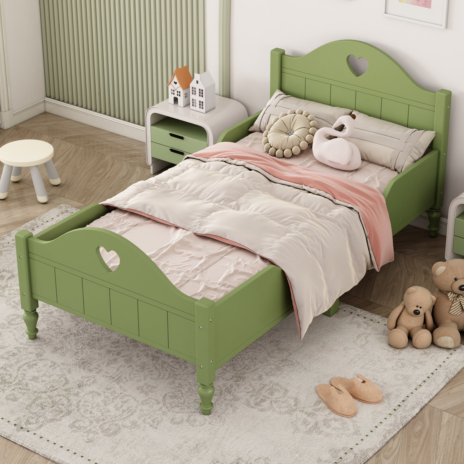 Girl'S Beautiful Princess Bed Macaron Twin Size Toddler Bed With Side Safety Rails And Headboard And Footboard, Oliver Green Olive Green Solid Wood Mdf