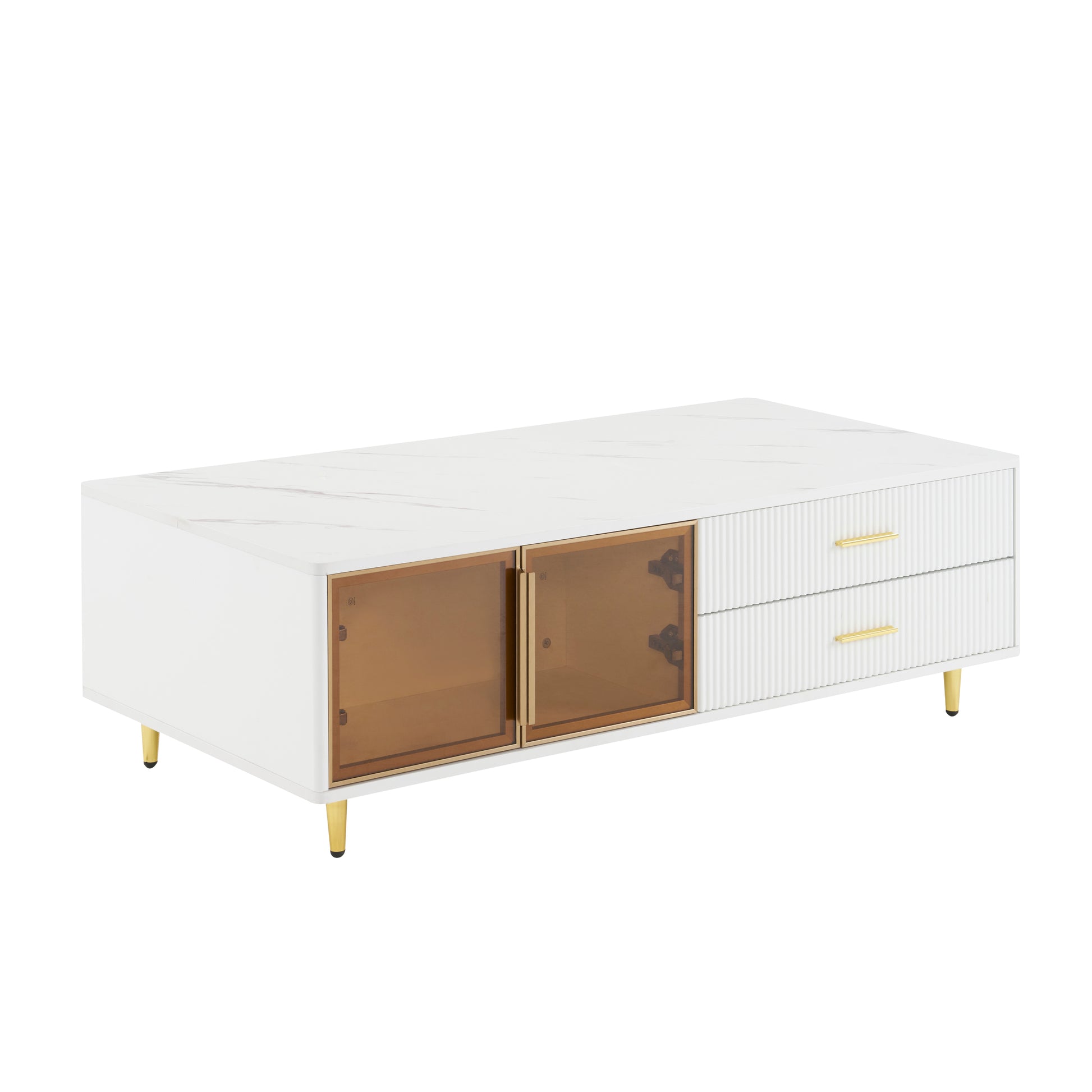 Modern White Coffee Table With 2 Glass Door Storage, 4 Drawers, Gold Metal Legs, And Multi Color Lighting In 47.2'' White Drawers Mdf
