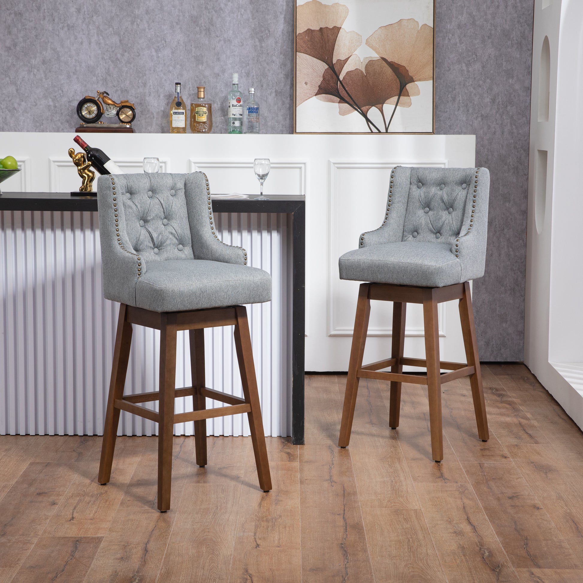 Coolmore Bar Stools Set Of 2 Counter Height Chairs With Footrest For Kitchen, Dining Room And 360 Degree Solid Wood Legs Swivel Bar Stools Set Of 2 Gary Linen Gray Foam Linen