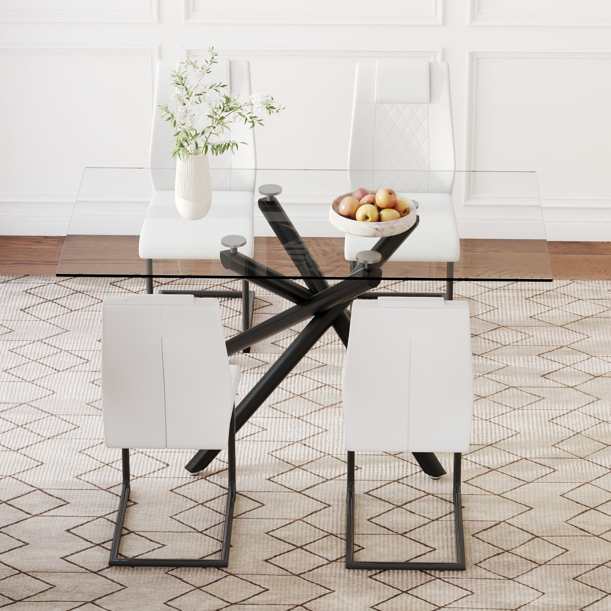 Table And Chair Set.Modern Rectangular Glass Dining Table With 0.39" Tempered Glass Tabletop And Black Metal Legs.Paired With Multiple Chairs Designed With Pu Cushions And Black Metal Legs. White Black Seats 4 Tempered Glass