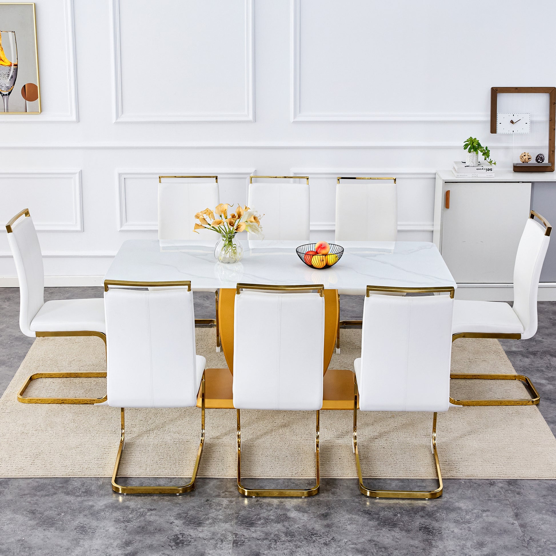 Table And Chair Set, Modern Minimalism And Luxurious White Rectangular Pattern Dining Table. Soft And Comfortable Dining Chairs For Dining Rooms, Living Rooms, Terraces And Kitchens. White Seats 8 Mdf Glass