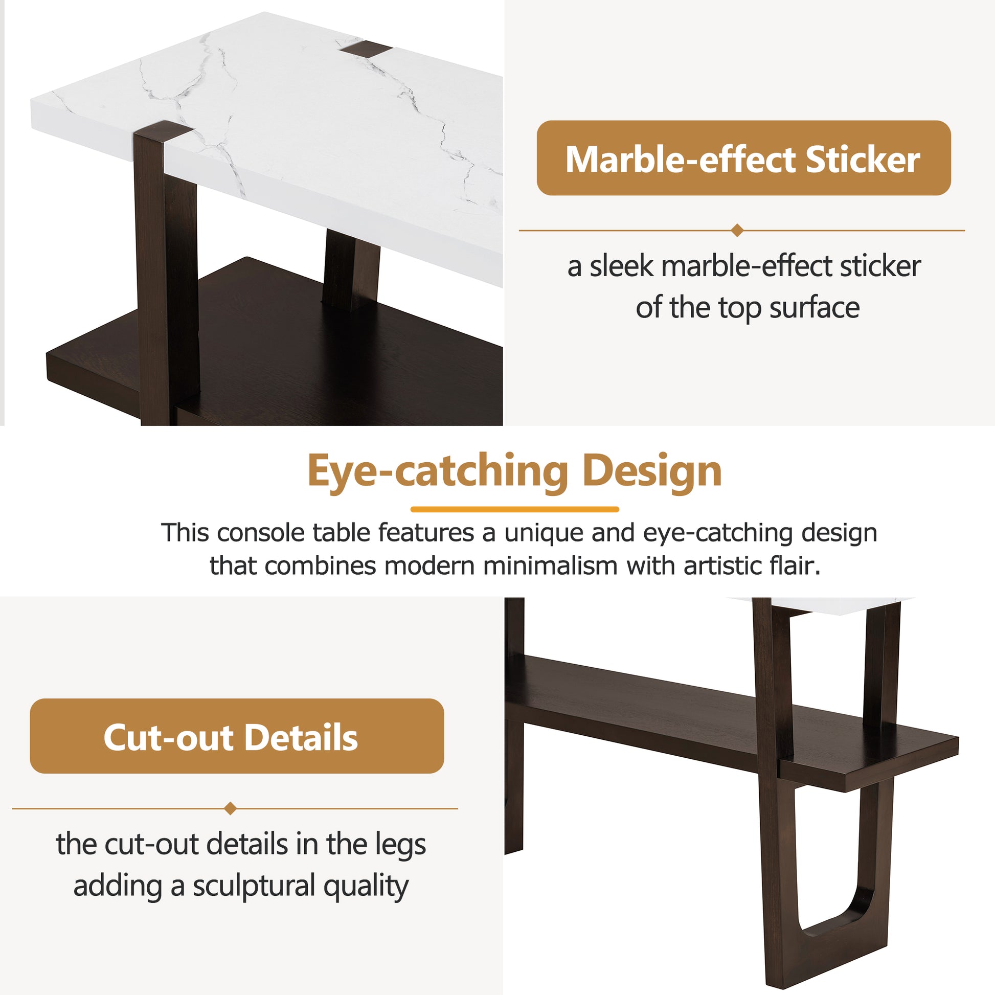 Retro Elegant Console Table With Marble Effect Top And Versatile Storage Solutions For Entryway And Living Room Espresso Espresso Solid Wood Mdf