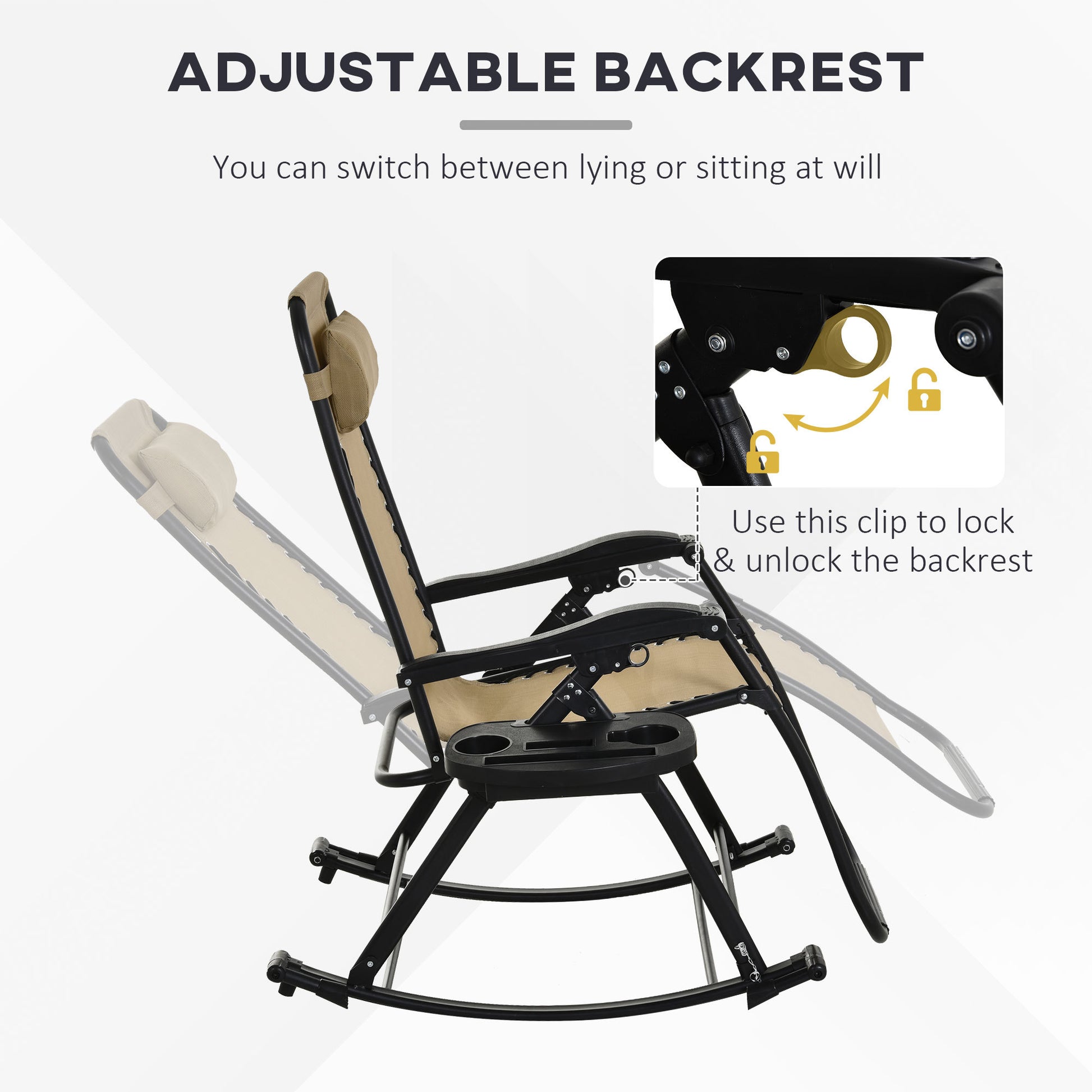 Outsunny 2 Pieces Outdoor Rocking Chairs, Foldable Reclining Zero Gravity Lounge Rocker With Pillow, Cup & Phone Holder, Combo Design With Folding Legs, Beige Beige Steel