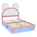 Full Size Upholstered Platform Bed With Cartoon Ears Shaped Headboard And Led, White&Pink Box Spring Not Required Full White Pink Bedroom Bed Frame Faux Leather Upholstered