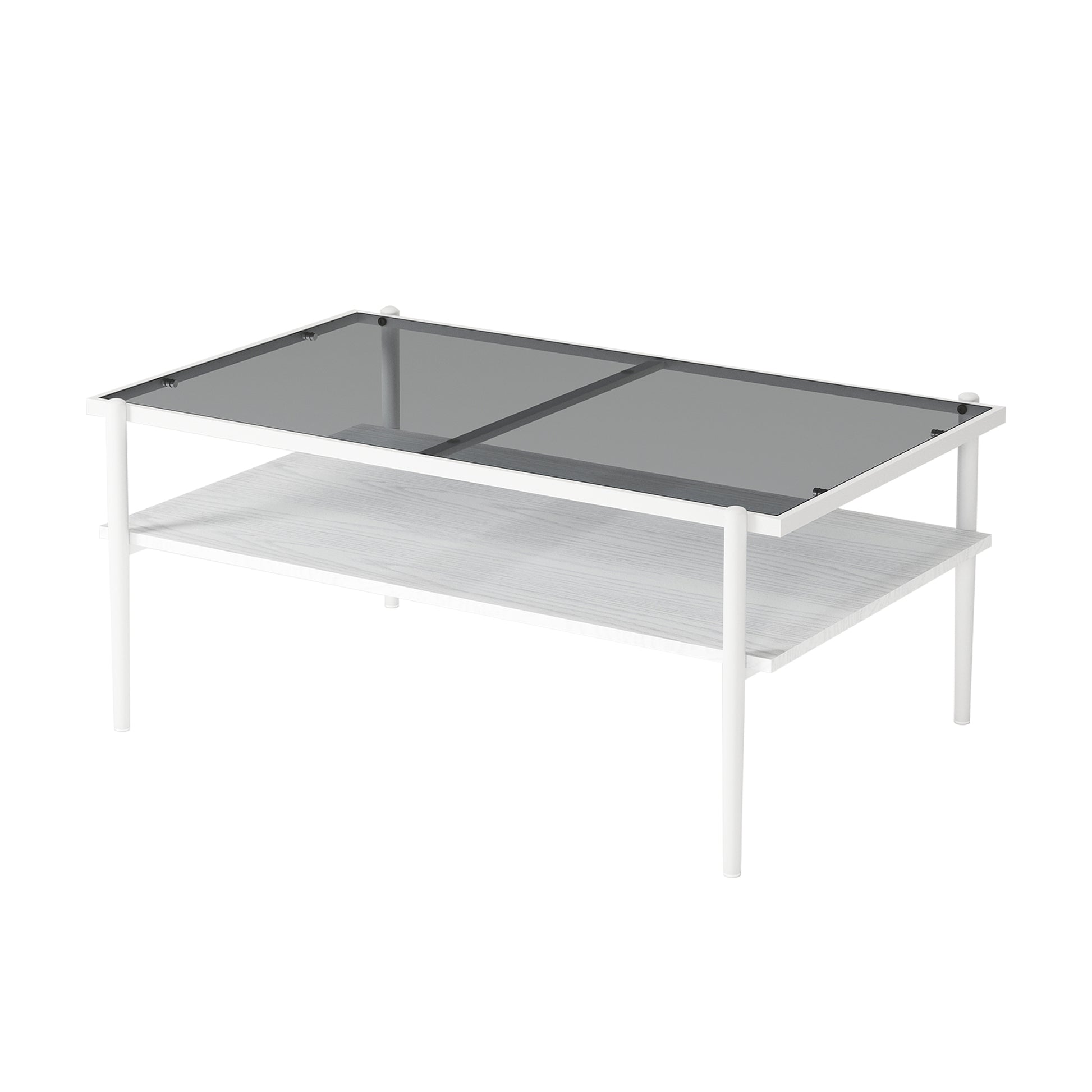 Rectangle Coffee Table With Gray Tempered Glass Top And White Legs, Modern Table For Living Room Gray Tempered Glass