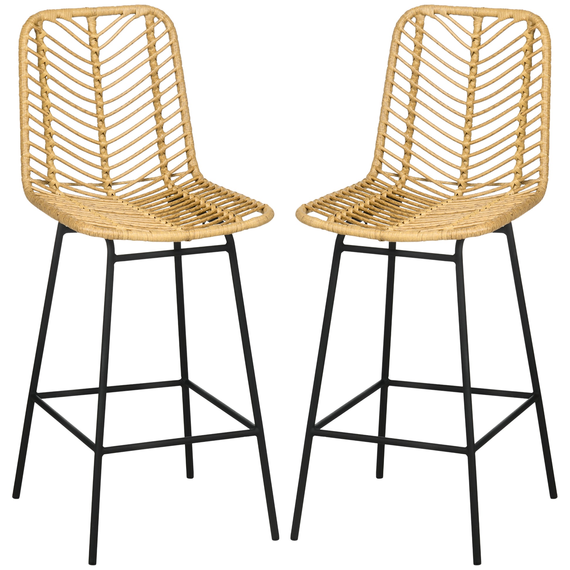 Homcom Rattan Bar Stools Set Of 2, 26" Counter Height Barstools, Boho Kitchen Island Stools Withwicker Seat And Back, Yellow Yellow Steel