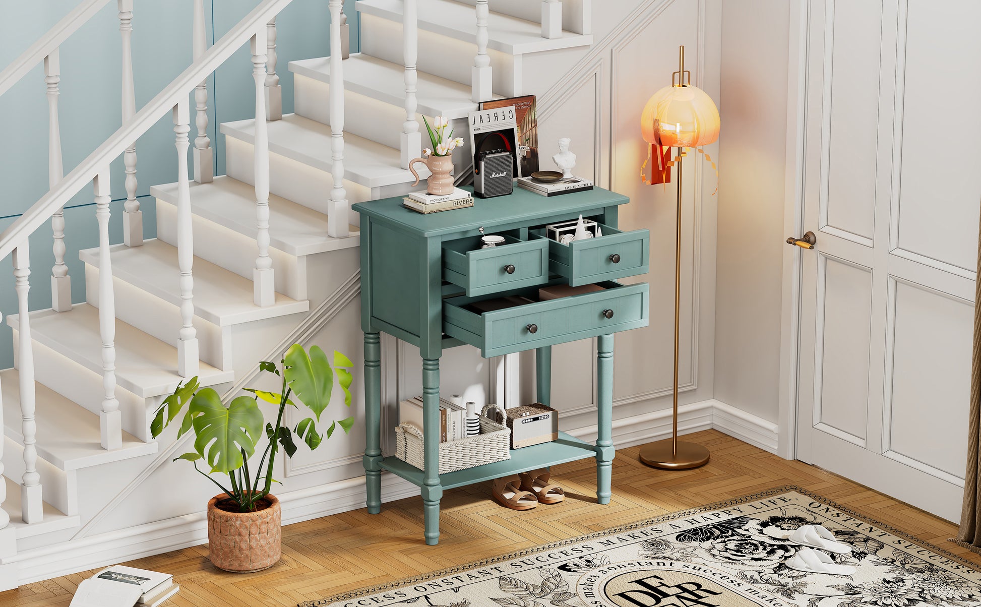 Narrow Console Table, Slim Sofa Table With Three Storage Drawers And Bottom Shelf Light Blue Light Blue Solid Wood Mdf