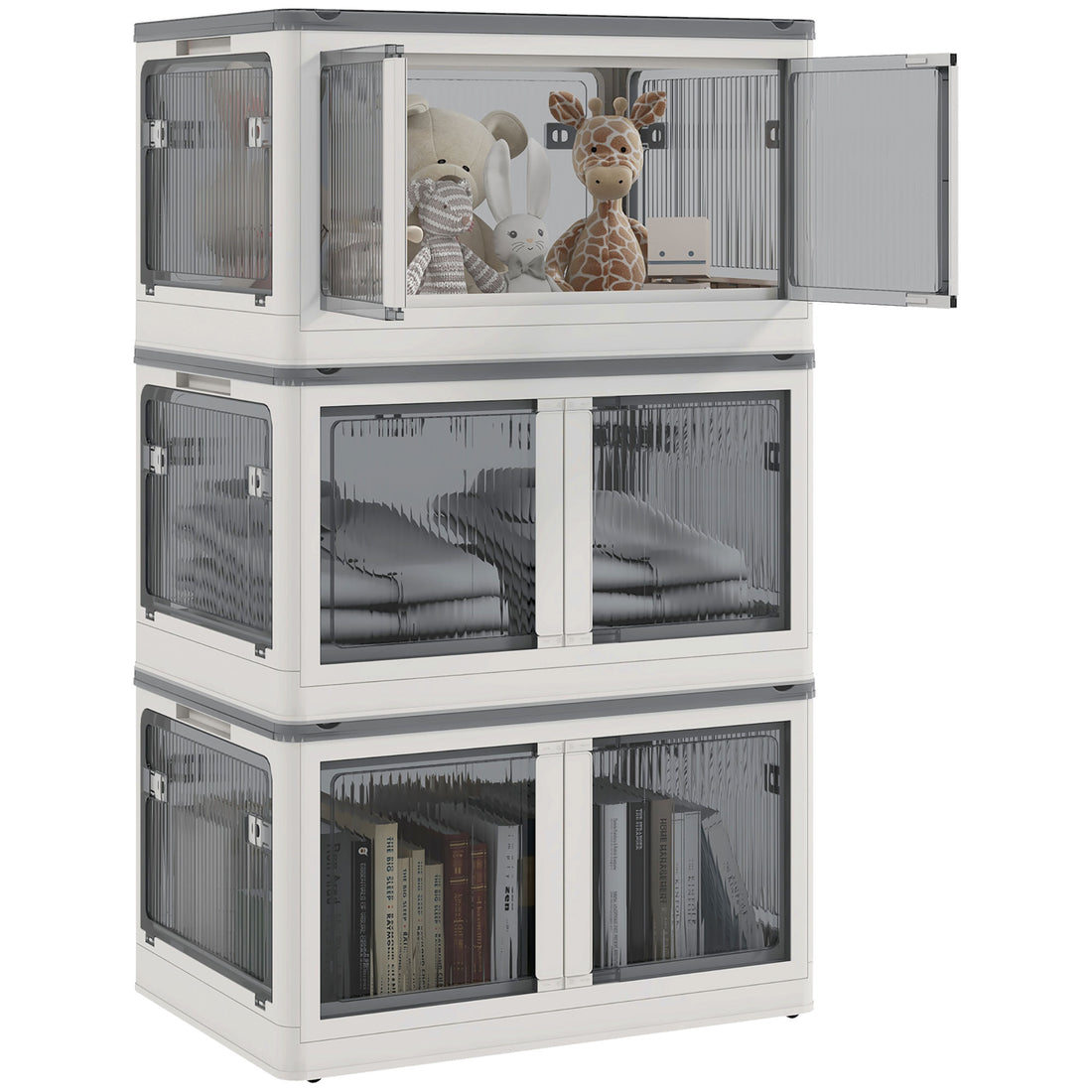 Homcom 32 Gal Stackable Storage Bins With Lids, 3 Packs Collapsible Closet Organizers And Storage, Plastic Drawer Storage Container On Wheels With 5 Sided Access, Doors For Blankets, White White