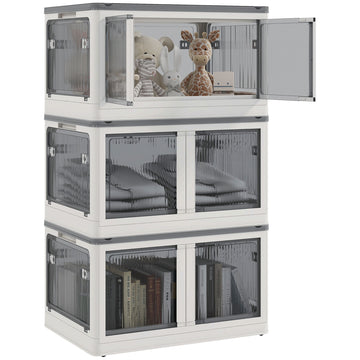 Homcom 32 Gal Stackable Storage Bins With Lids, 3 Packs Collapsible Closet Organizers And Storage, Plastic Drawer Storage Container On Wheels With 5 Sided Access, Doors For Blankets, White White