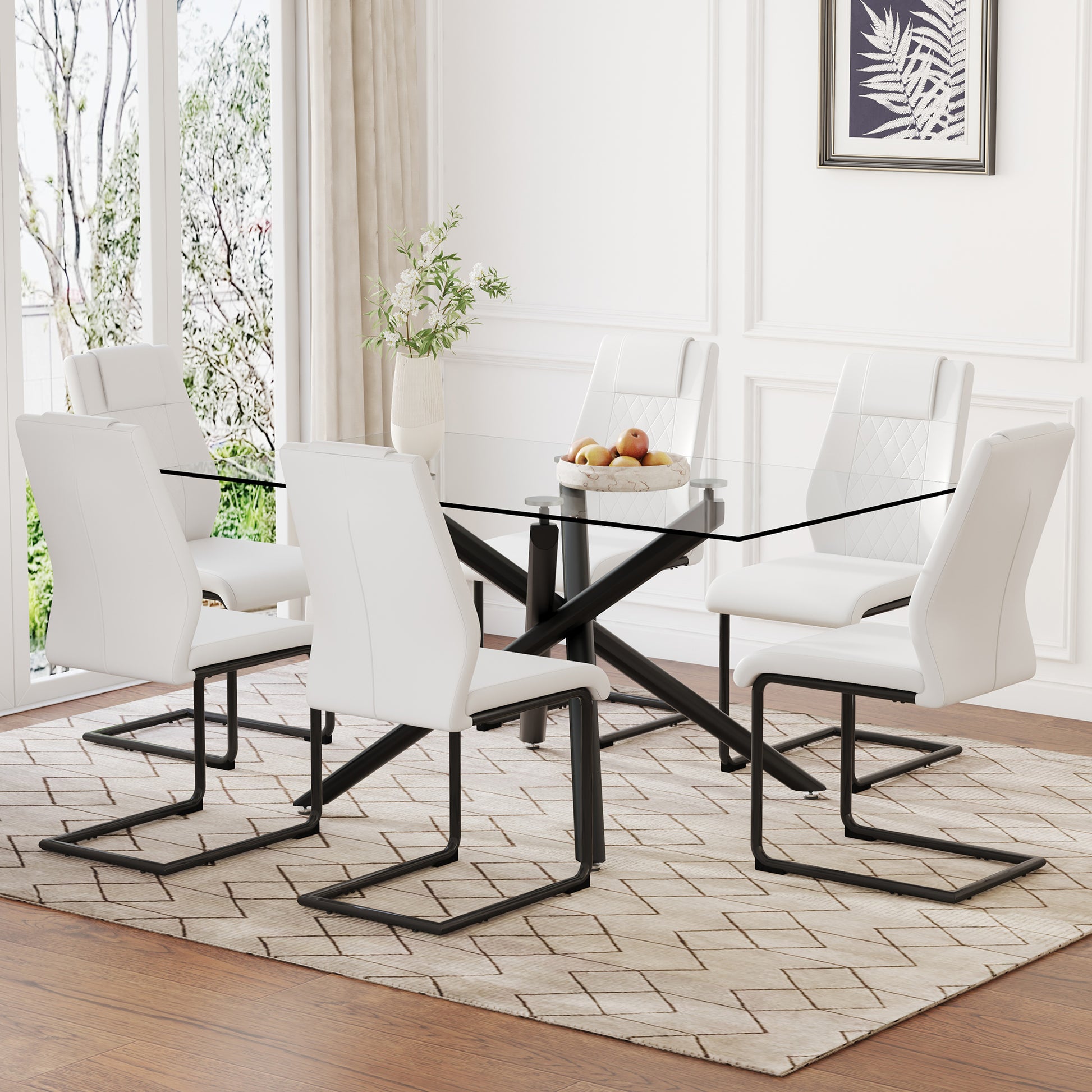 Table And Chair Set.Modern Rectangular Glass Dining Table With 0.39" Tempered Glass Tabletop And Black Metal Legs.Paired With Multiple Chairs Designed With Pu Cushions And Black Metal Legs. White Black Seats 6 Tempered Glass