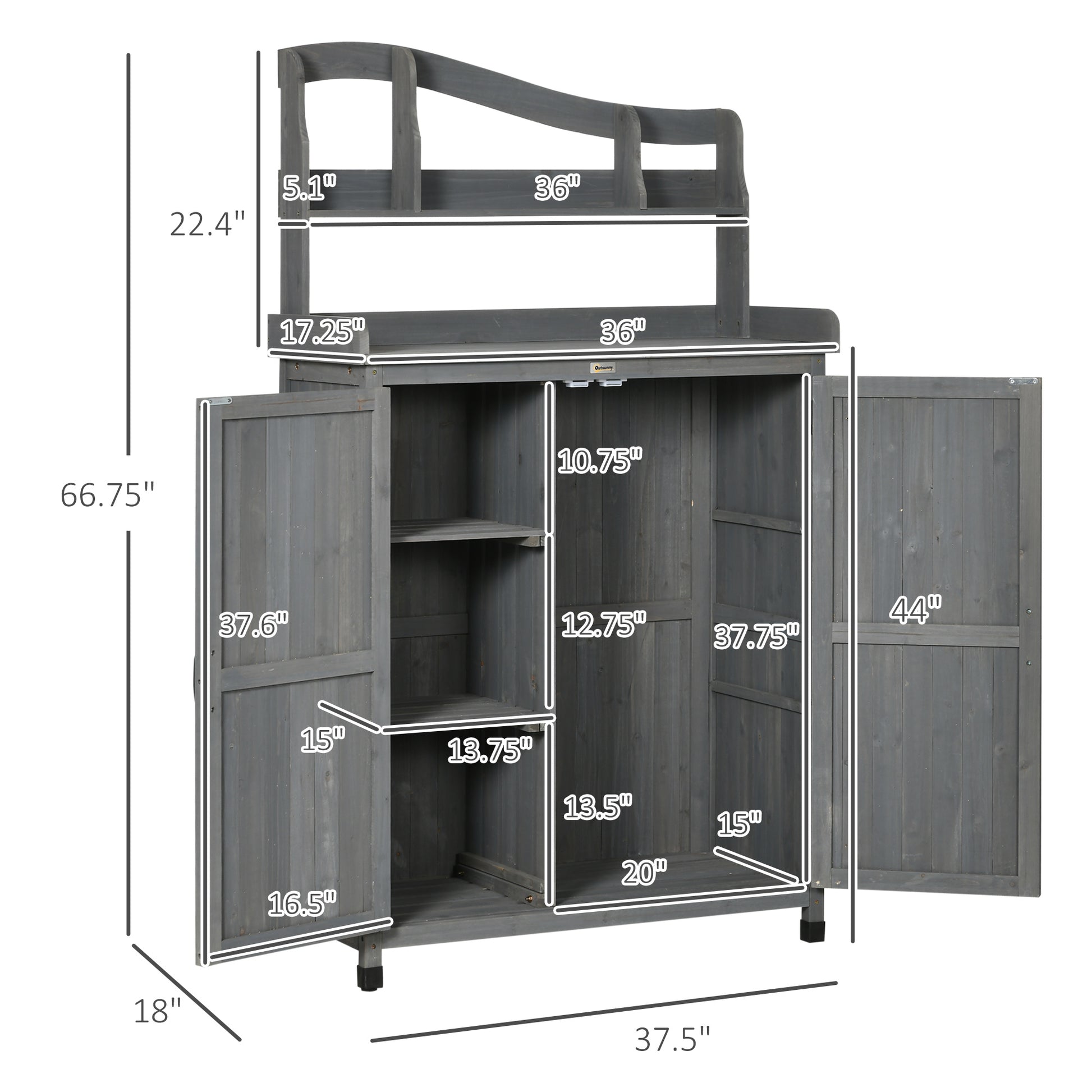 Outsunny Potting Bench Table, Outdoor Storage Cabinet, Multi Function Gardening Bench, Wooden Planting Workstation With Magnetic Doors, For Yard Tools Or Pool Accessories, Gray Dark Grey Wood